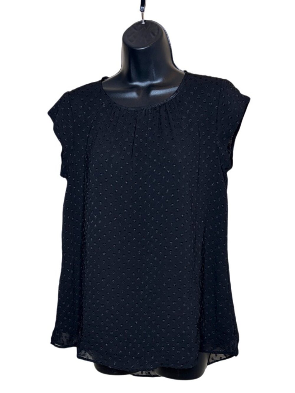 DR2 Daniel Rainn Black Sheer Swiss Dot Cap Sleeve Blouse Size XS